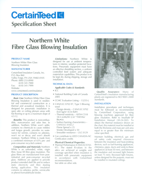Northern White Fibre Glass Blowing Insulation Spec Sheet