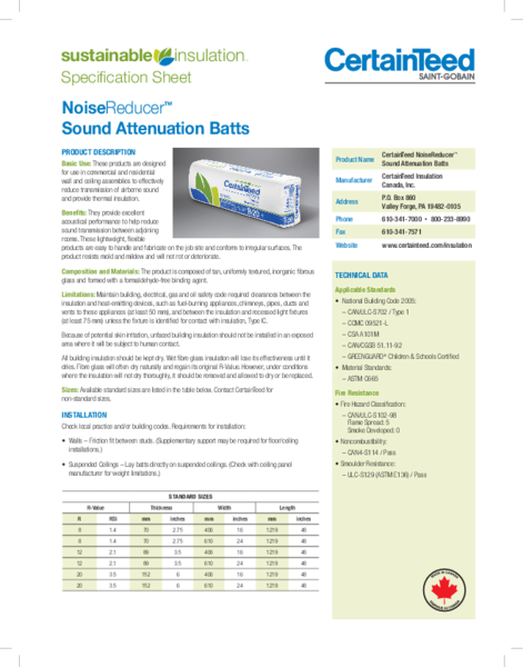 Sustainable Insulation NoiseReducer - Spec Sheet