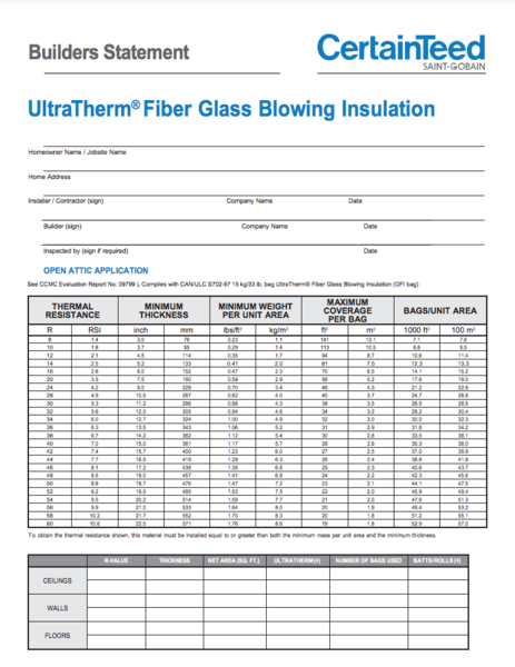 UltraTherm® Fiber Glass Blowing Insulation Builder Statement