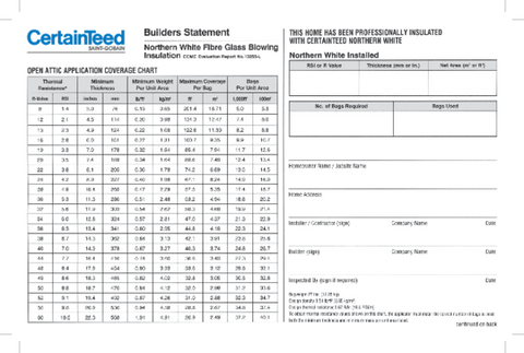 Builders Statement - Northern White Fibre Glass Blowing Insulation