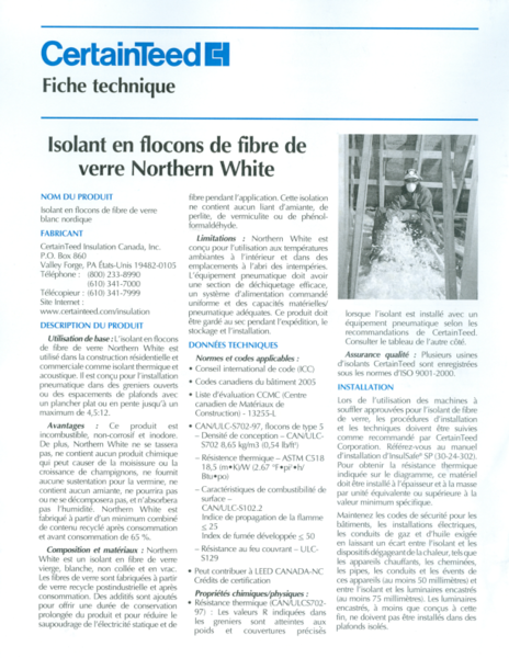 Isolant en flocons de fibre de verre Northern White