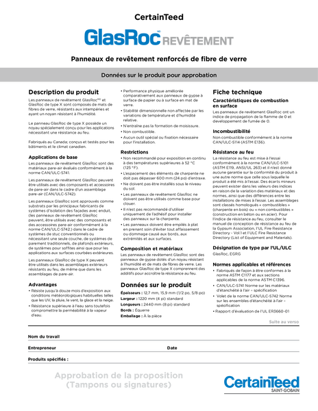 GlasRoc REVÊTEMENT Panneaux de revêtement renforcés de fibre de verre, Données sur le produit pour a