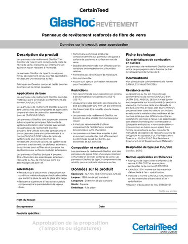 GlasRoc REVÊTEMENT Panneaux de revêtement renforcés de fibre de verre, Données sur le produit pour a