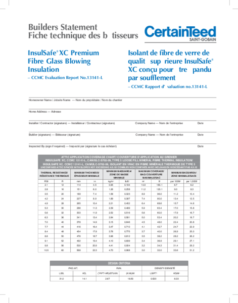 Builders Statement - InsulSafe XC Premium Fibre Glass Blowing Insulation