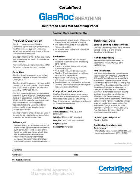GlasRoc Sheathing Reinforced Glass Mat Sheathing Panel, Product Data and Submittal