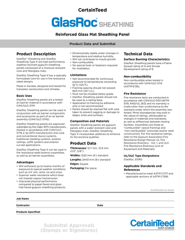 GlasRoc Sheathing Reinforced Glass Mat Sheathing Panel, Product Data and Submittal