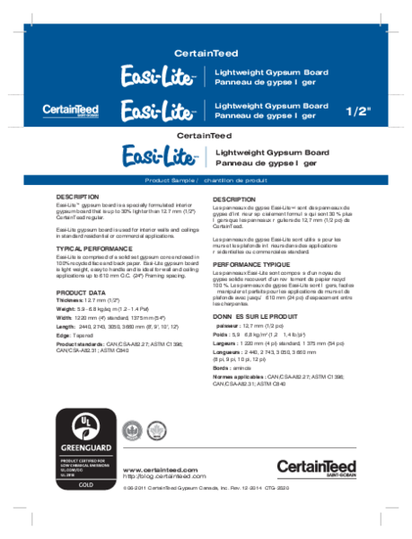 Easi-Lite Lightweight Gypsum Board - 1/2