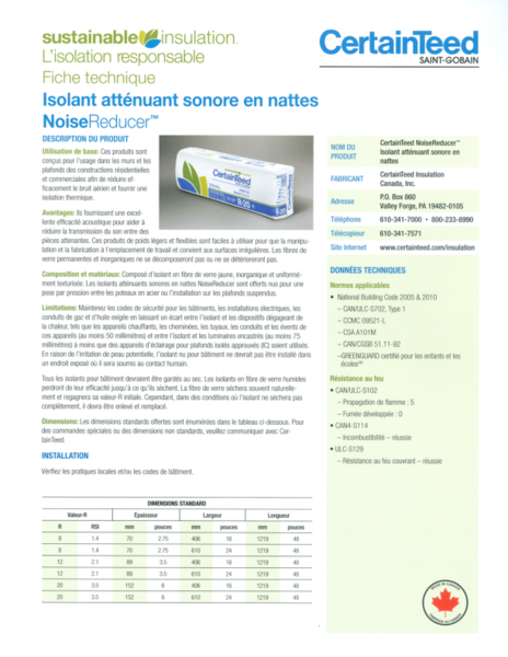 Sustainable Insulation NoiseReducer - Spec Sheet (French)